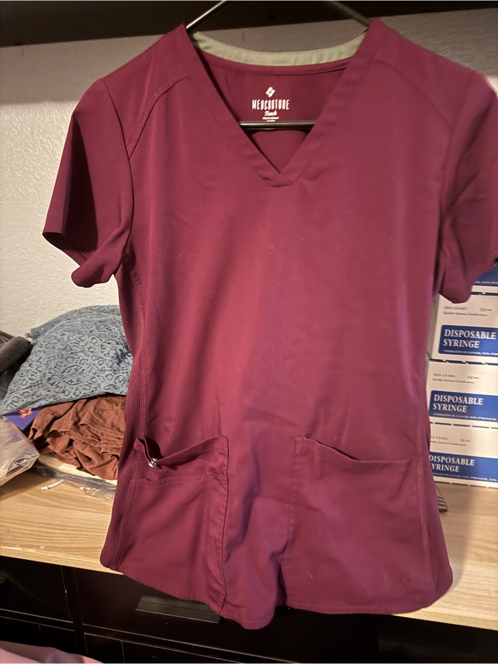 Med Couture Short Sleeve V-Neck Scrub Top and jogger pants in Berry Plum